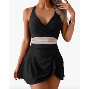 Aidonger Womens Black V Neck Swim Dress One Piece Chevron Waist Swimsuit Medium